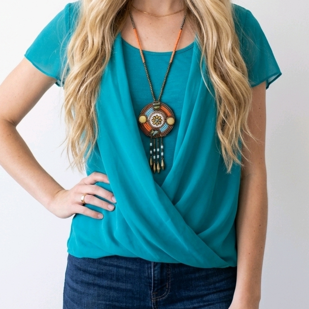 New Directions Teal Draped Short-Sleeve Blouse long beaded statement necklace Sm - Picture 5 of 15